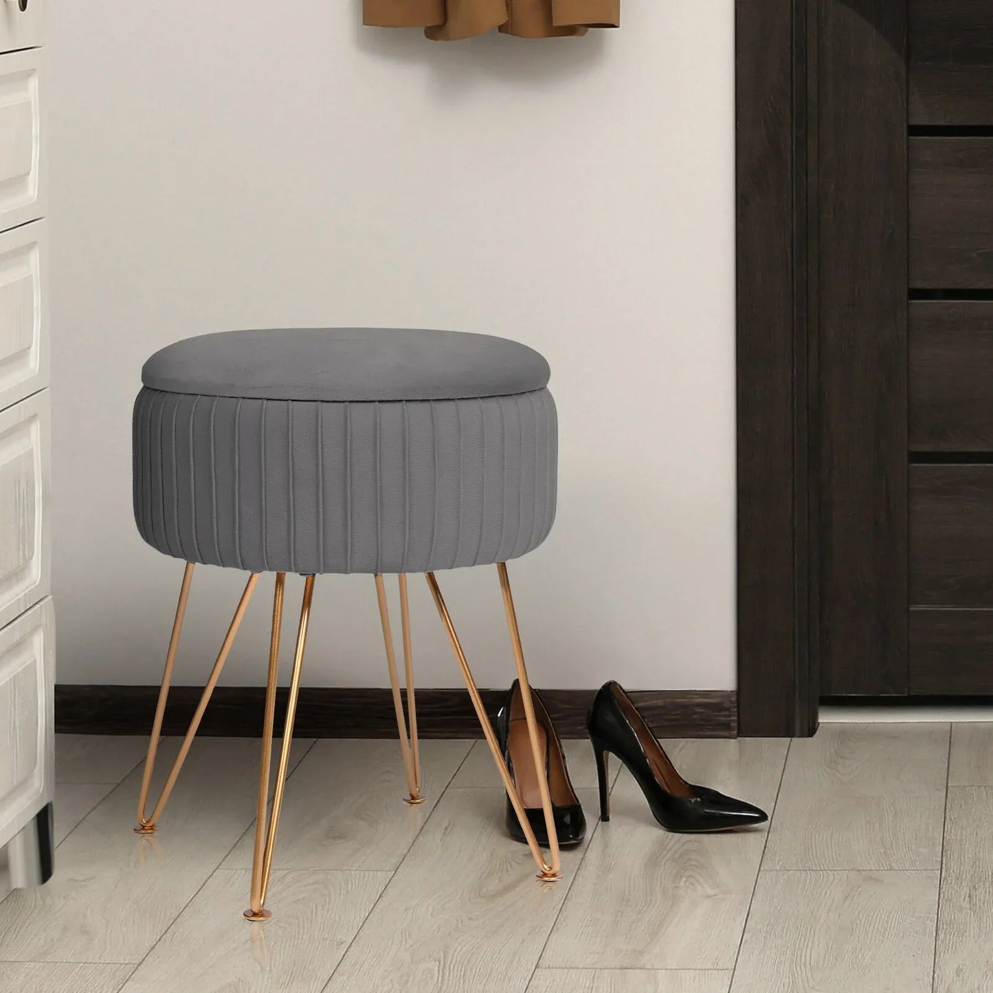 Side Table Storage Ottoman - Velvet Padded Stool Vanity Footstool REMY GREY - Mekamart Australia