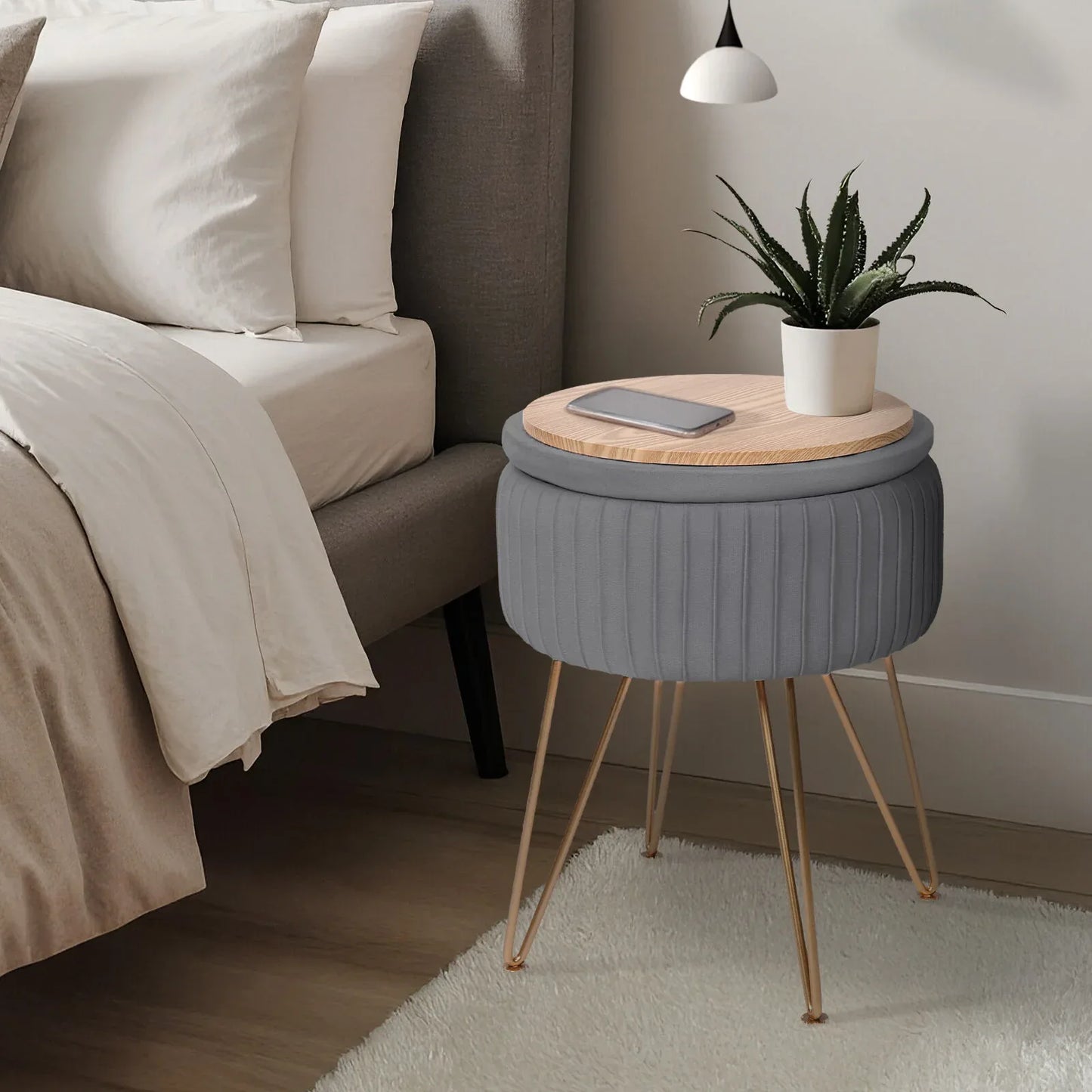 Side Table Storage Ottoman - Velvet Padded Stool Vanity Footstool REMY GREY - Mekamart Australia