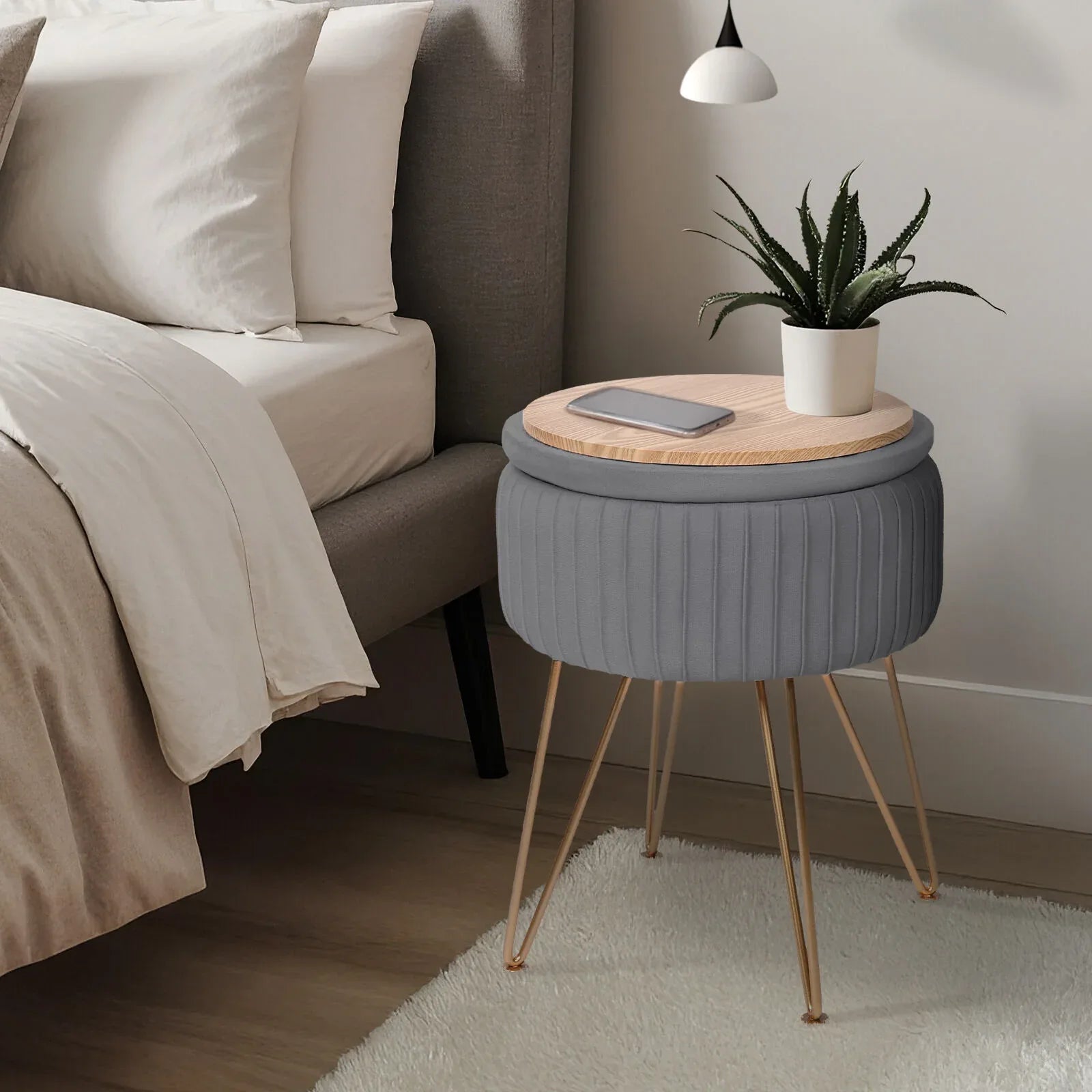 Side Table Storage Ottoman - Velvet Padded Stool Vanity Footstool REMY GREY - Mekamart Australia