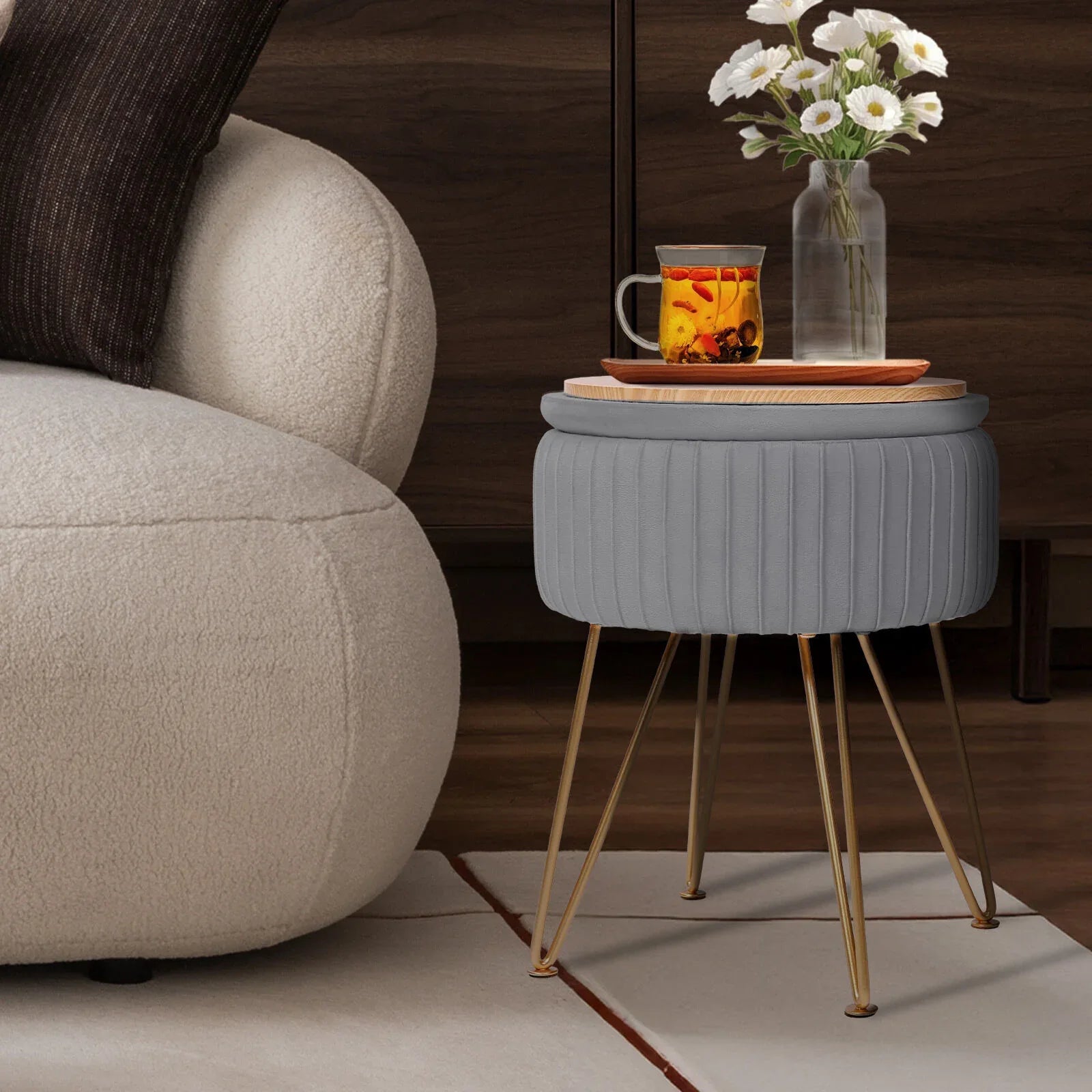 Side Table Storage Ottoman - Velvet Padded Stool Vanity Footstool REMY GREY - Mekamart Australia