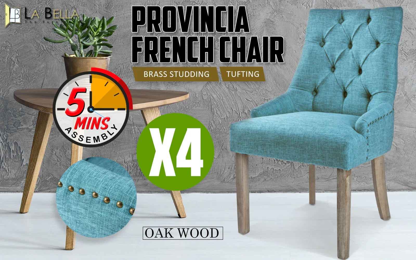 4X French Provincial Dining Chair Oak Leg AMOUR BLUE - Mekamart Australia