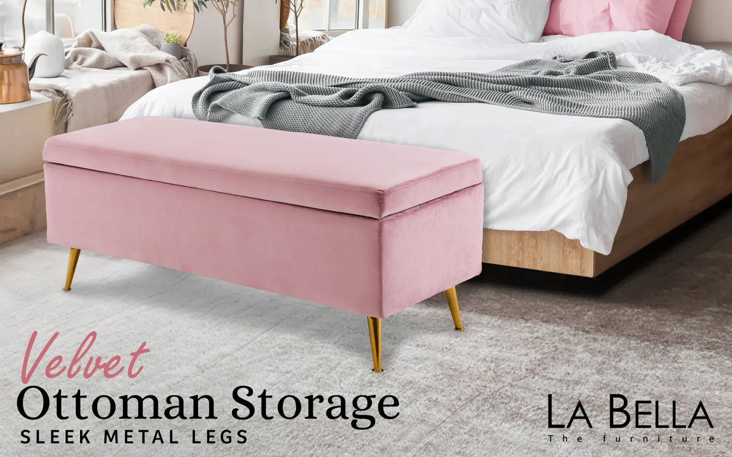 Storage Ottoman Stool Bench Seat 110cm Velvet PINK - Mekamart Australia