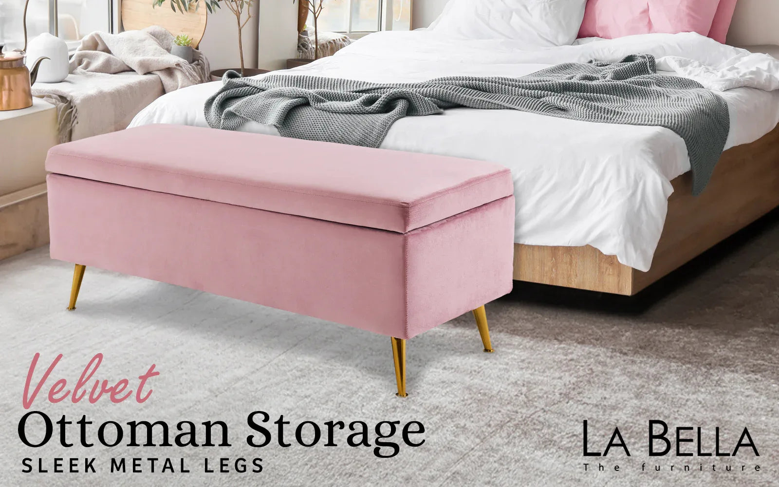 Storage Ottoman Stool Bench Seat 110cm Velvet PINK - Mekamart Australia