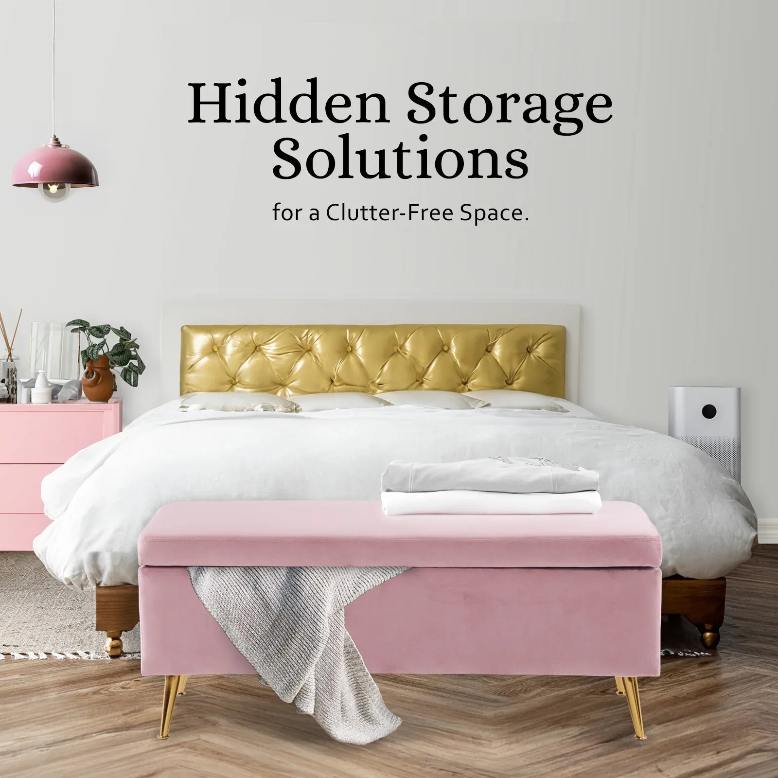 Storage Ottoman Stool Bench Seat 110cm Velvet PINK - Mekamart Australia