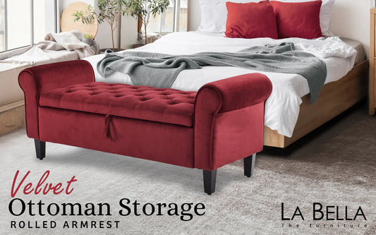Storage Ottoman Stool Arm Bench Seat 132cm Velvet RED - Mekamart Australia
