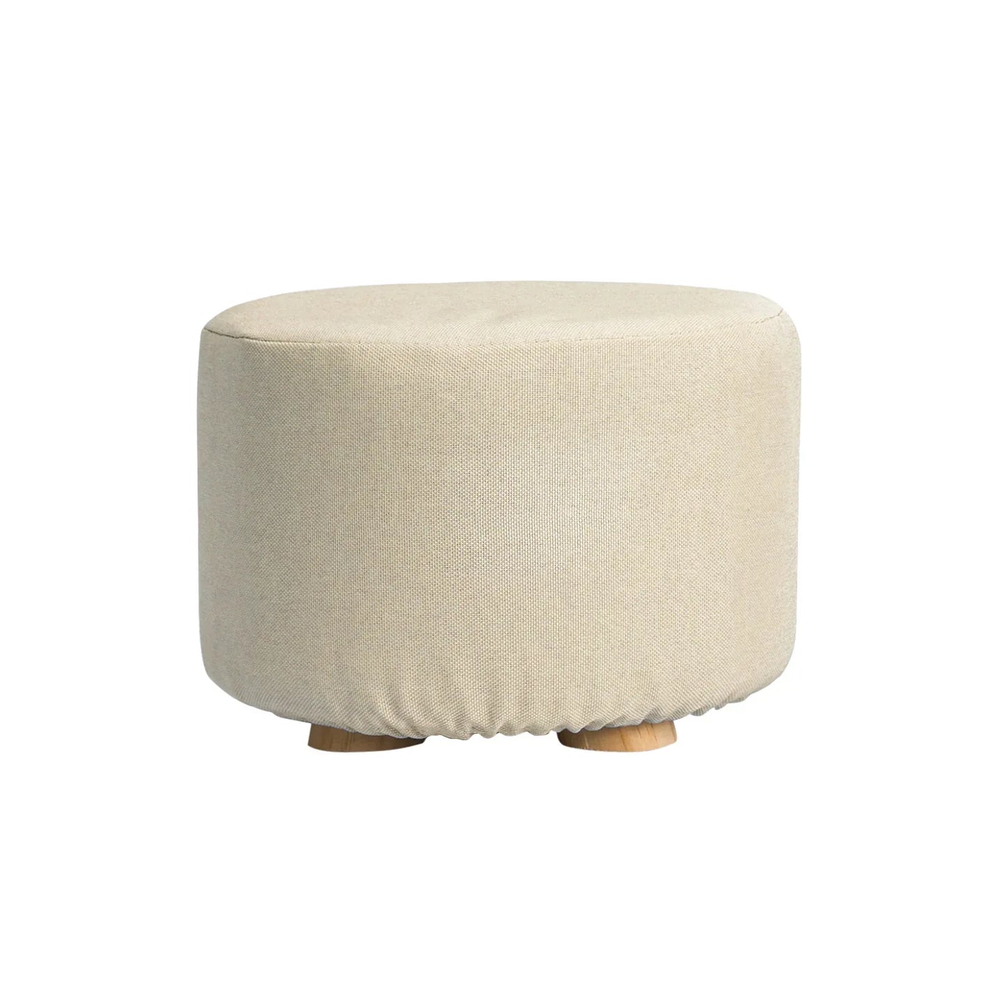 Fabric Ottoman Round Wooden Leg Foot Stool - BEIGE - Mekamart Australia