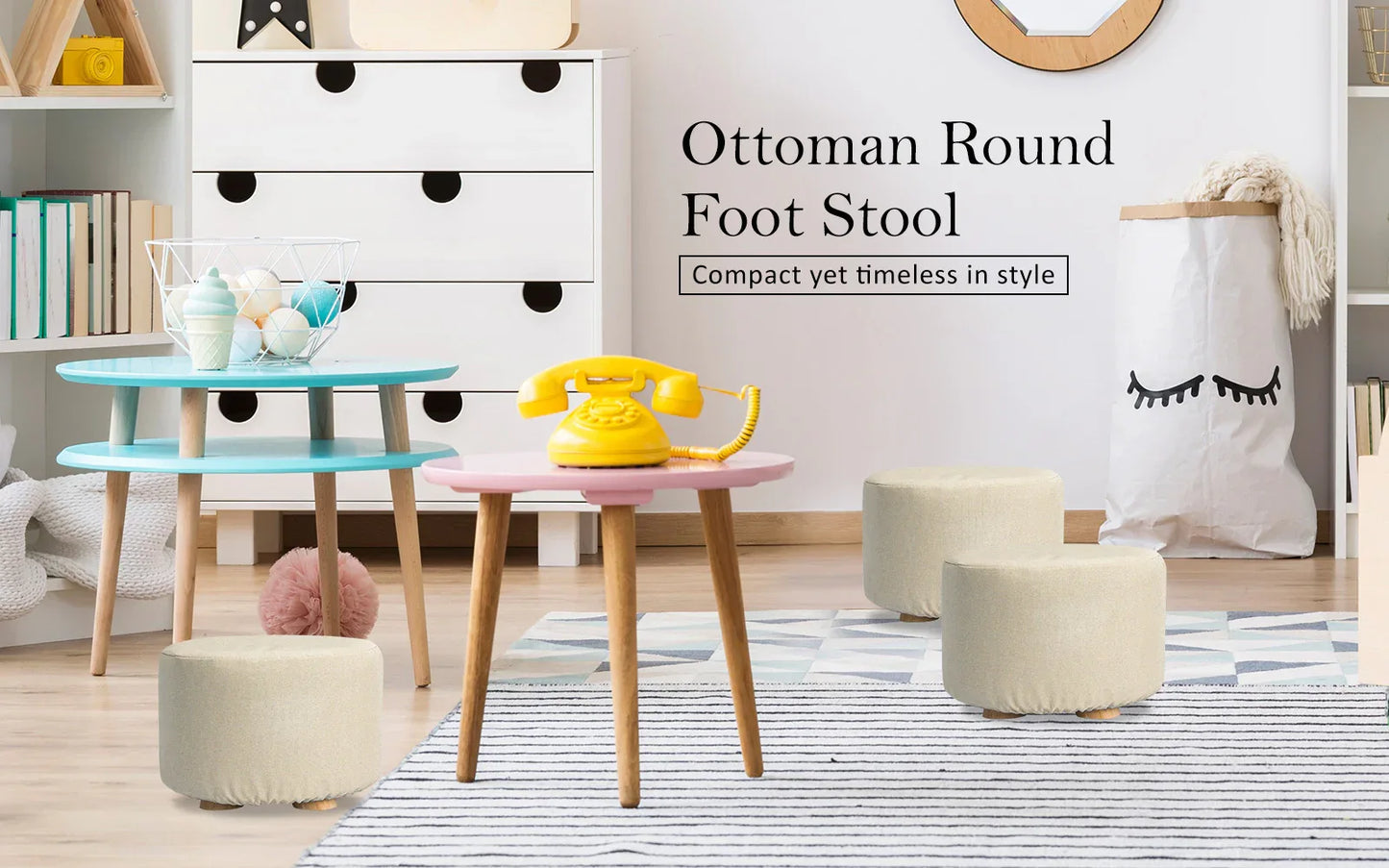 Fabric Ottoman Round Wooden Leg Foot Stool - BEIGE - Mekamart Australia