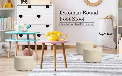 Fabric Ottoman Round Wooden Leg Foot Stool - BEIGE - Mekamart Australia