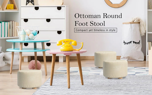 Fabric Ottoman Round Wooden Leg Foot Stool - BEIGE - Mekamart Australia
