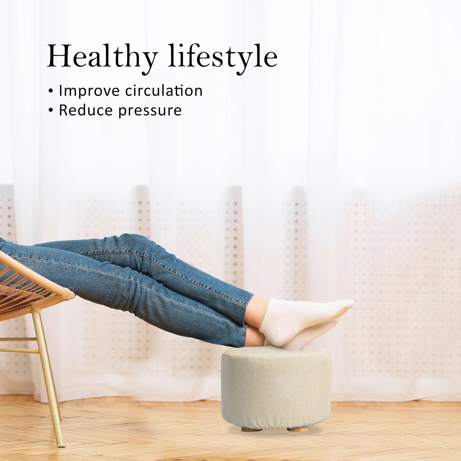 Fabric Ottoman Round Wooden Leg Foot Stool - BEIGE - Mekamart Australia