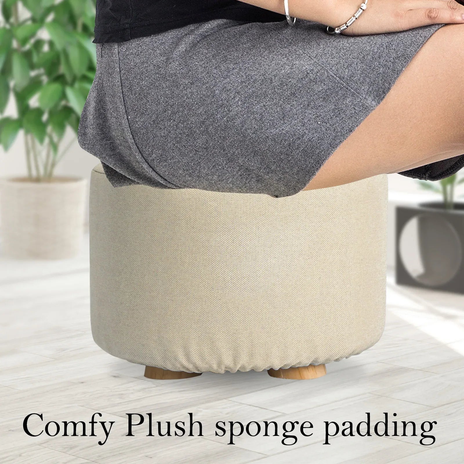 Fabric Ottoman Round Wooden Leg Foot Stool - BEIGE - Mekamart Australia