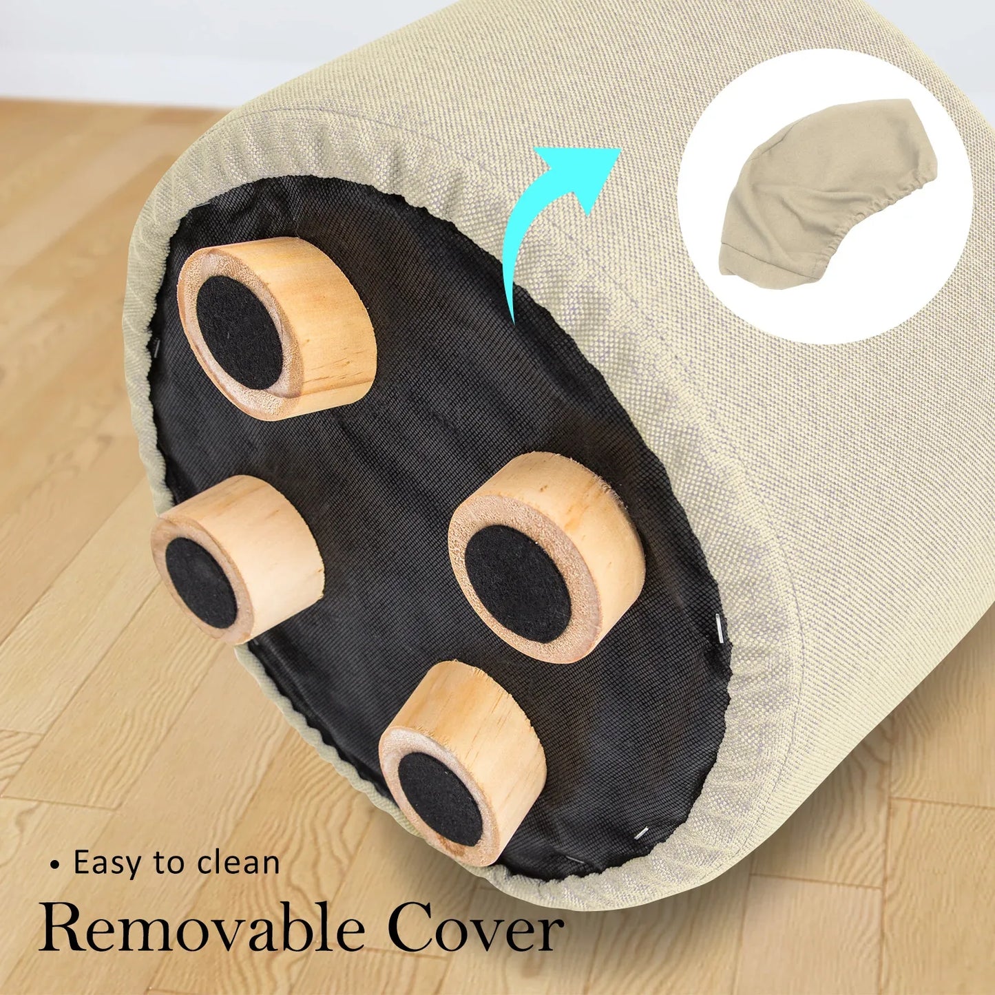 Fabric Ottoman Round Wooden Leg Foot Stool - BEIGE - Mekamart Australia