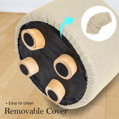Fabric Ottoman Round Wooden Leg Foot Stool - BEIGE - Mekamart Australia