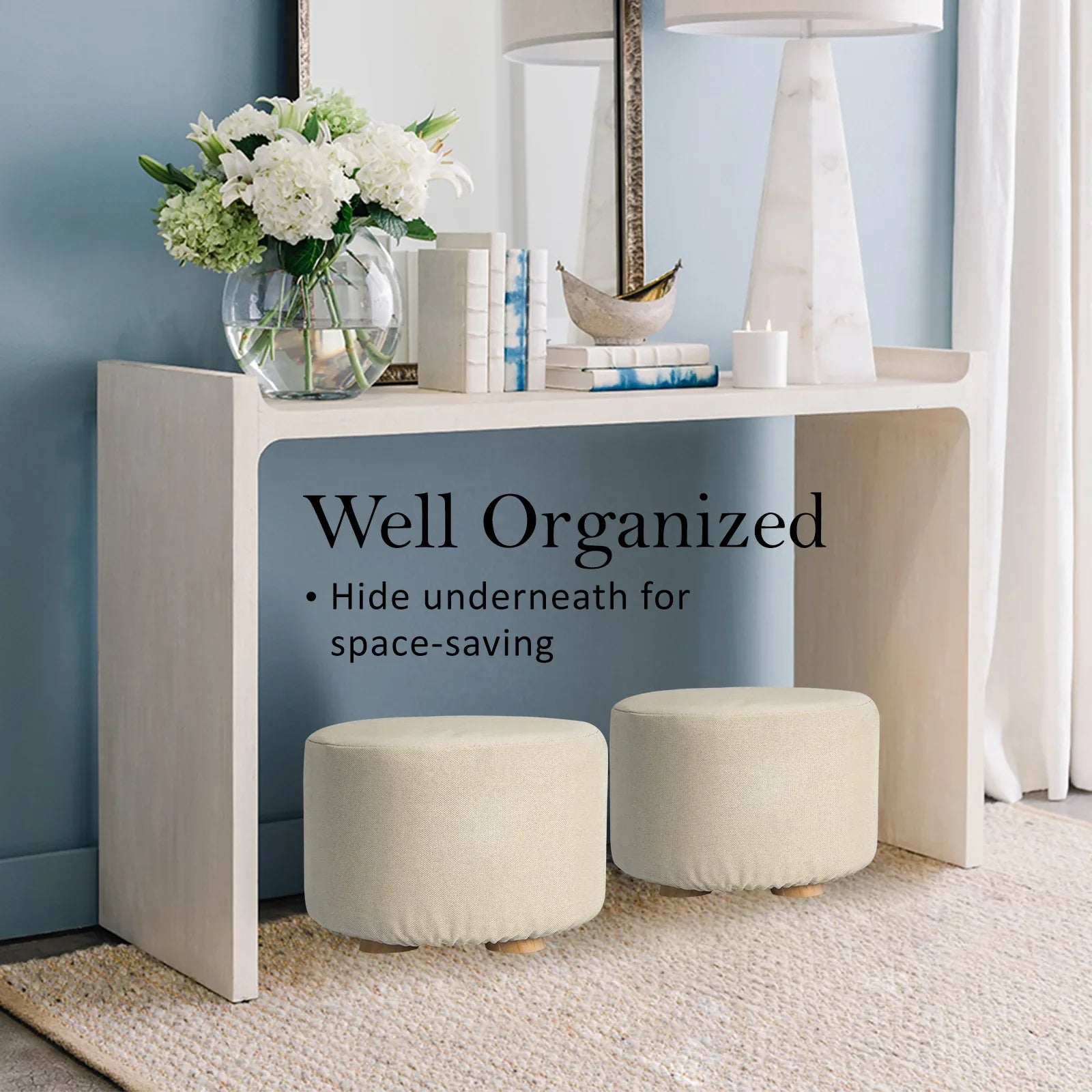Fabric Ottoman Round Wooden Leg Foot Stool - BEIGE - Mekamart Australia