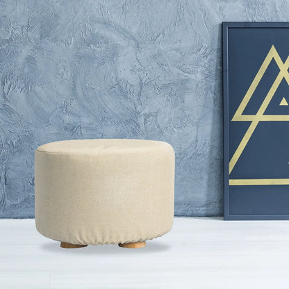 Fabric Ottoman Round Wooden Leg Foot Stool - BEIGE - Mekamart Australia