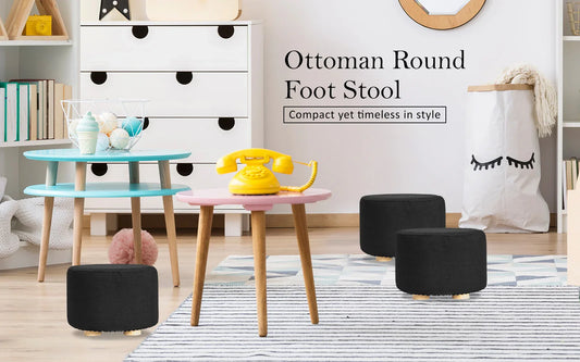 Fabric Ottoman Round Wooden Leg Foot Stool - BLACK - Mekamart Australia