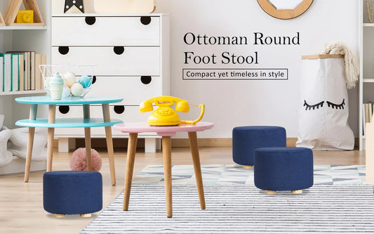 Fabric Ottoman Round Wooden Leg Foot Stool - DARK BLUE - Mekamart Australia