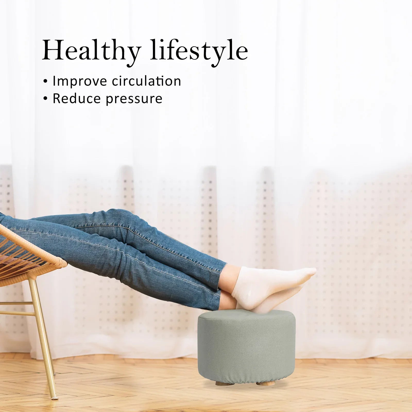 2X Fabric Ottoman Round Wooden Leg Foot Stool - GREY - Mekamart Australia