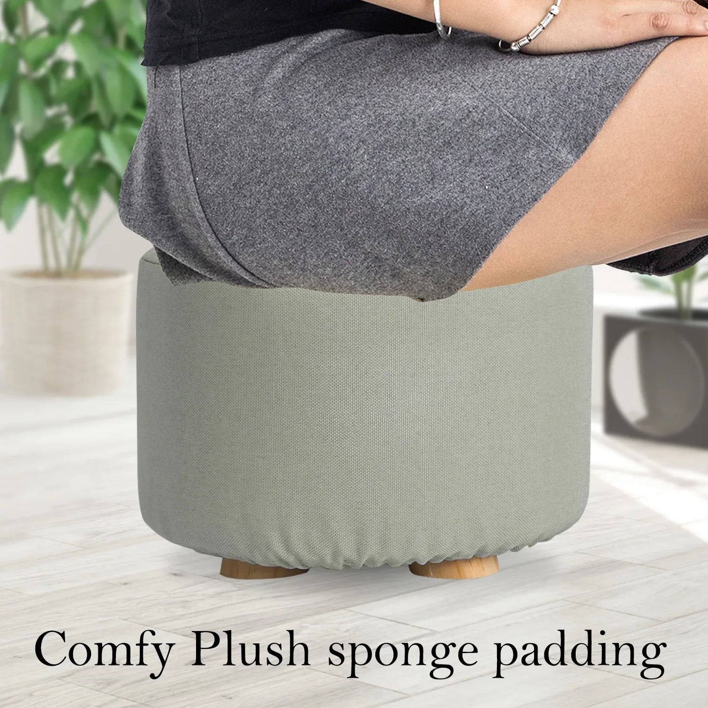 2X Fabric Ottoman Round Wooden Leg Foot Stool - GREY - Mekamart Australia