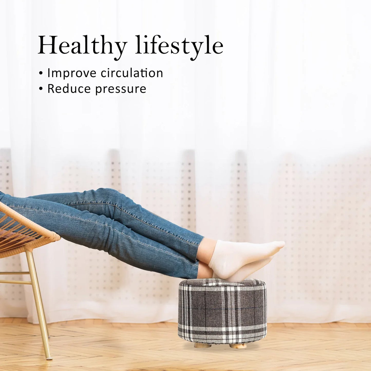 2X Fabric Ottoman Round Wooden Leg Foot Stool - LATTICE - Mekamart Australia