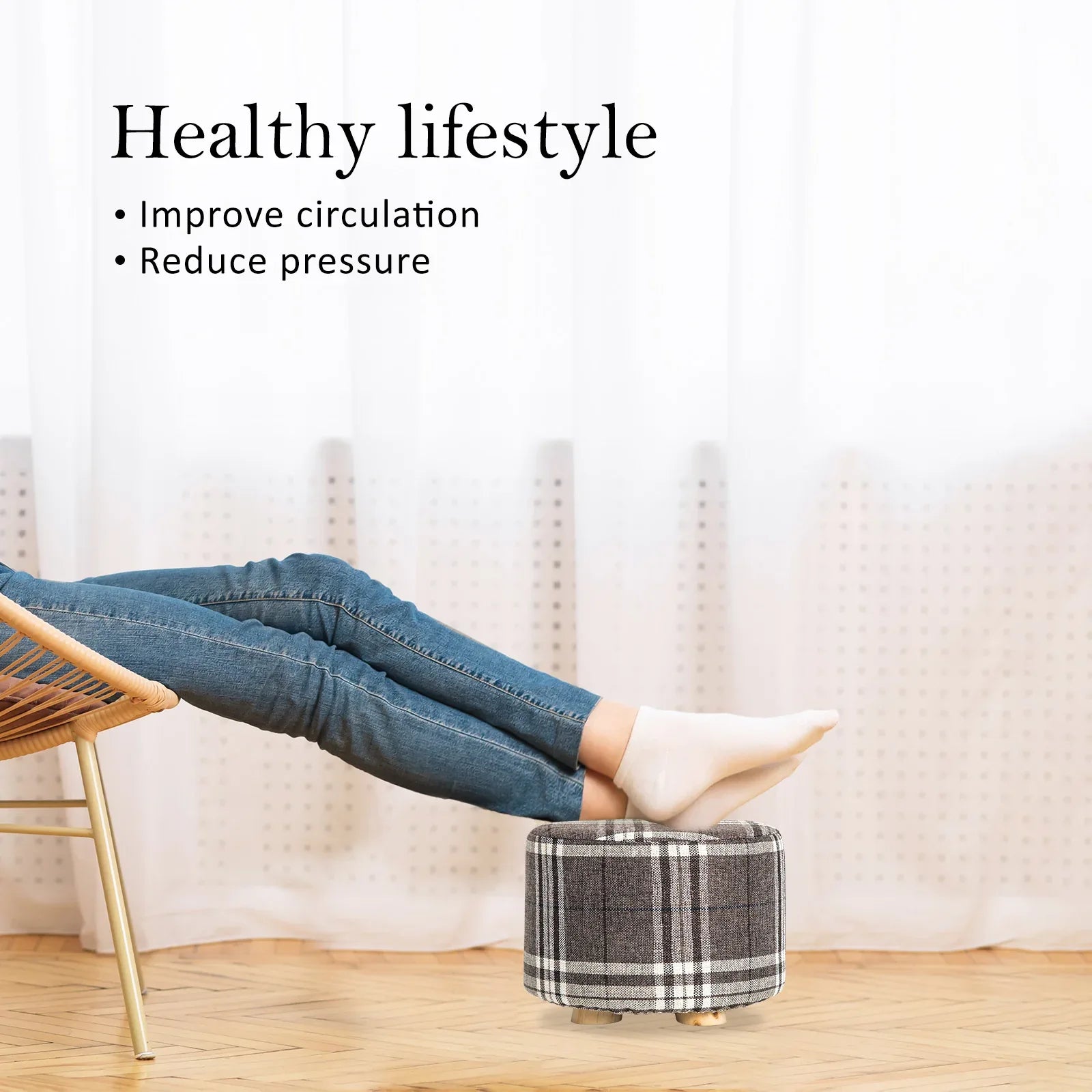 2X Fabric Ottoman Round Wooden Leg Foot Stool - LATTICE - Mekamart Australia