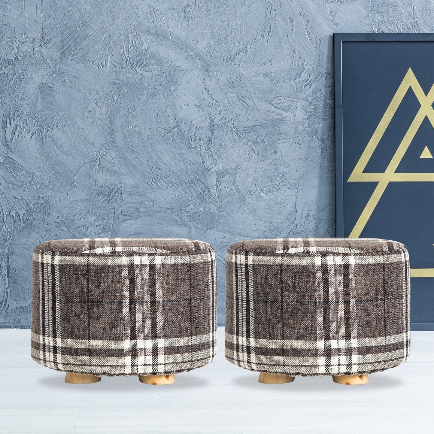 2X Fabric Ottoman Round Wooden Leg Foot Stool - LATTICE - Mekamart Australia