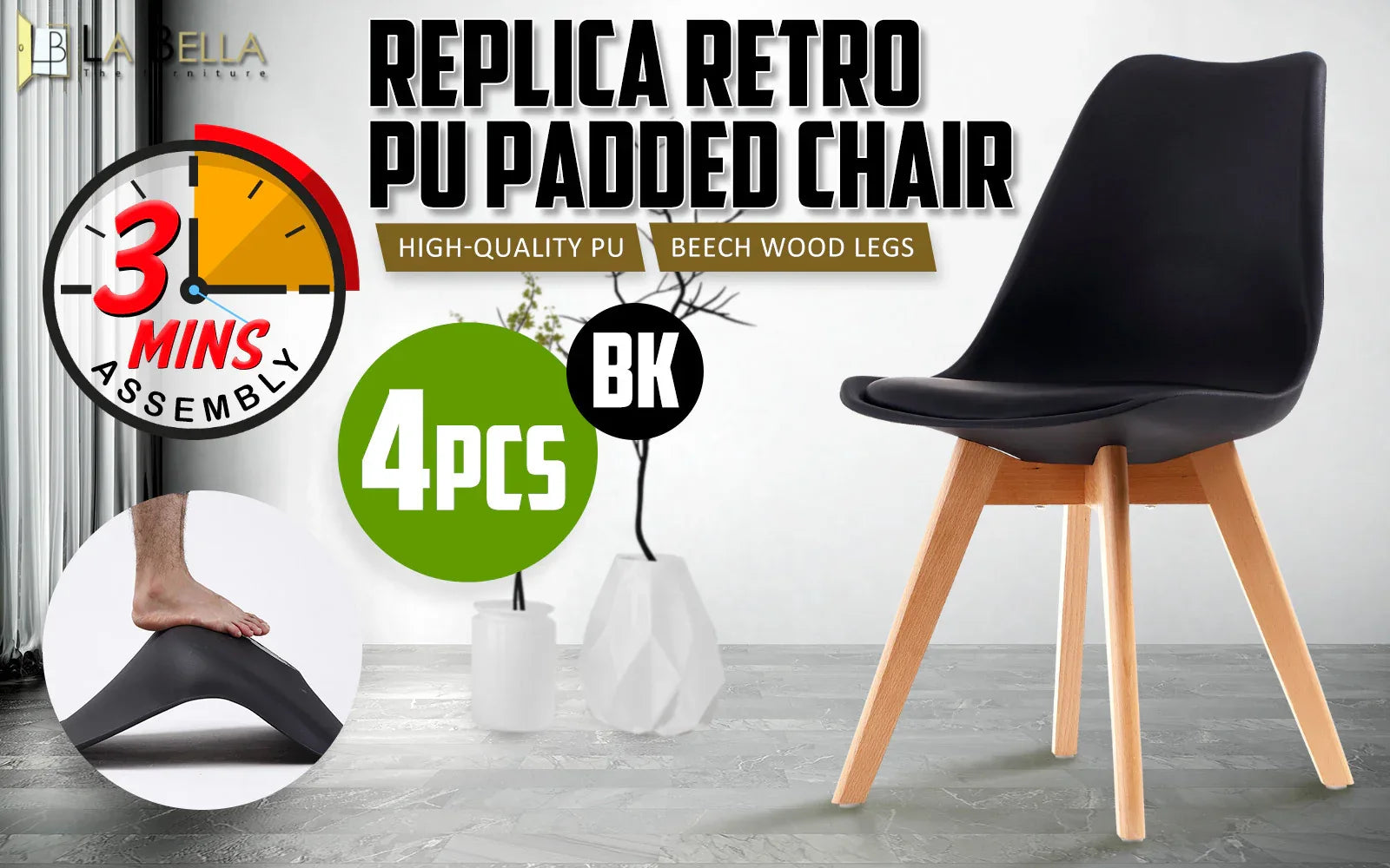 4X Retro Dining Cafe Chair Padded Seat BLACK - Mekamart Australia
