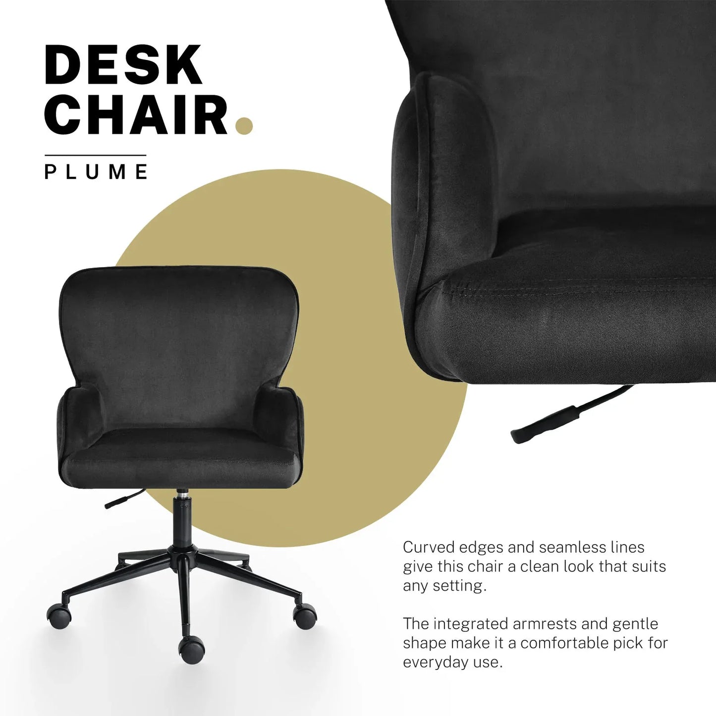 Desk Armchair - Home Office Swivel Chair Adjustable Height Seat PLUME BLACK - Mekamart Australia