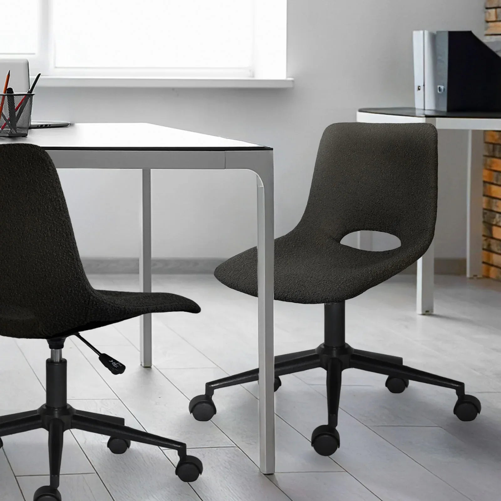 2 Set Office Desk Chair - Loop Yarn Fabric Home Swivel Chair Cut-Out Seat HALO BLACK - Mekamart Australia