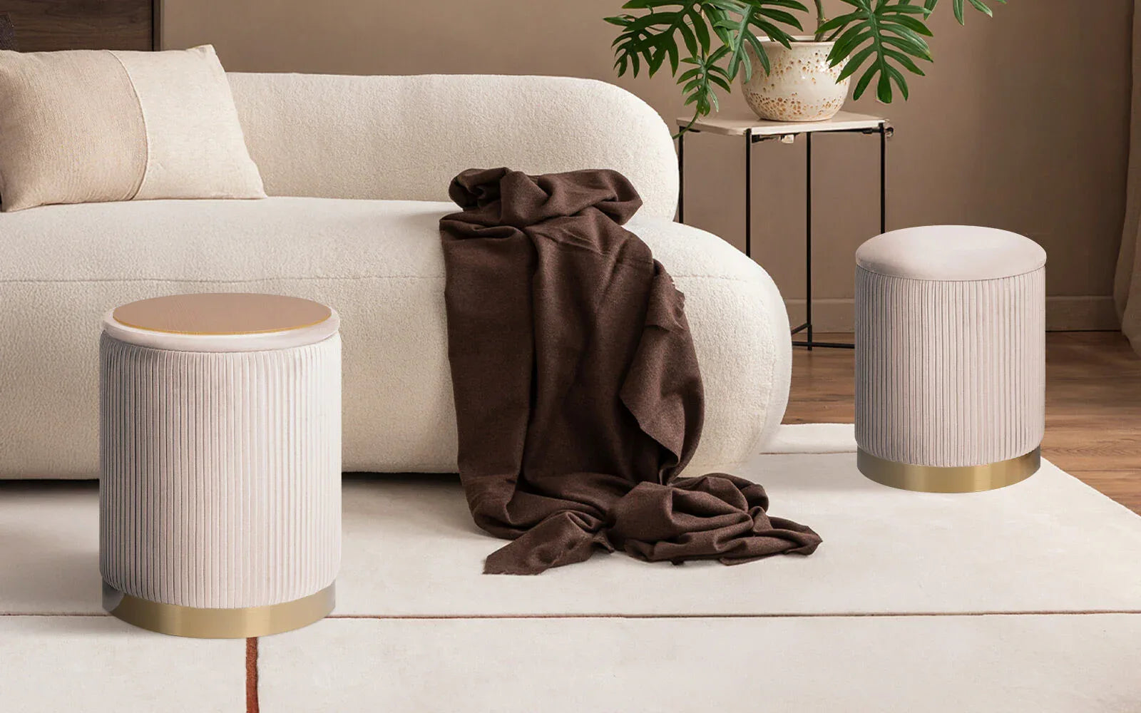 2X Side Table Storage Ottoman - Velvet Stool MIRA Cream - Mekamart Australia