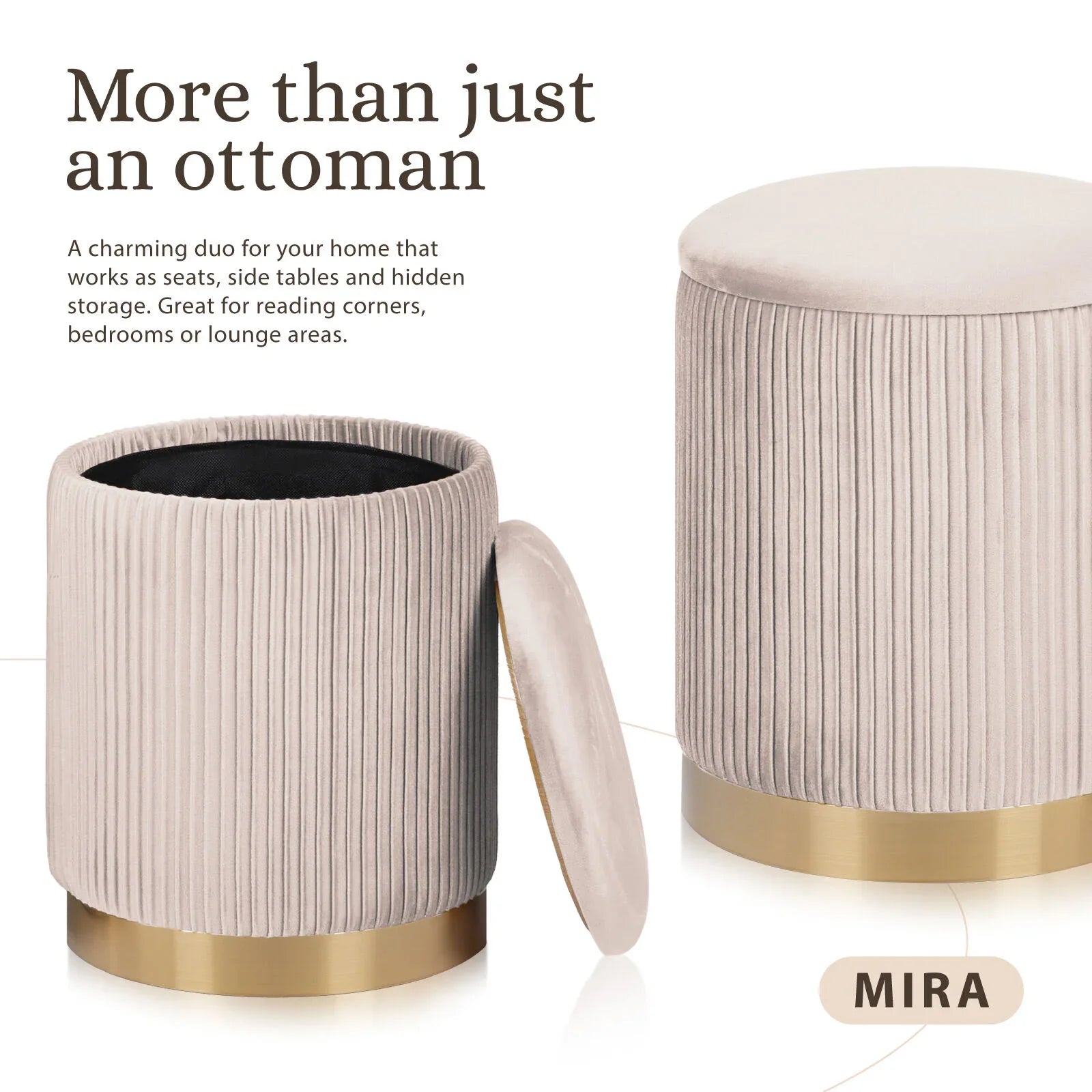 2X Side Table Storage Ottoman - Velvet Stool MIRA Cream - Mekamart Australia