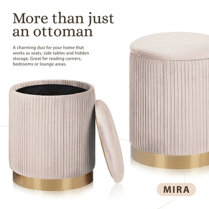 2X Side Table Storage Ottoman - Velvet Stool MIRA Cream - Mekamart Australia