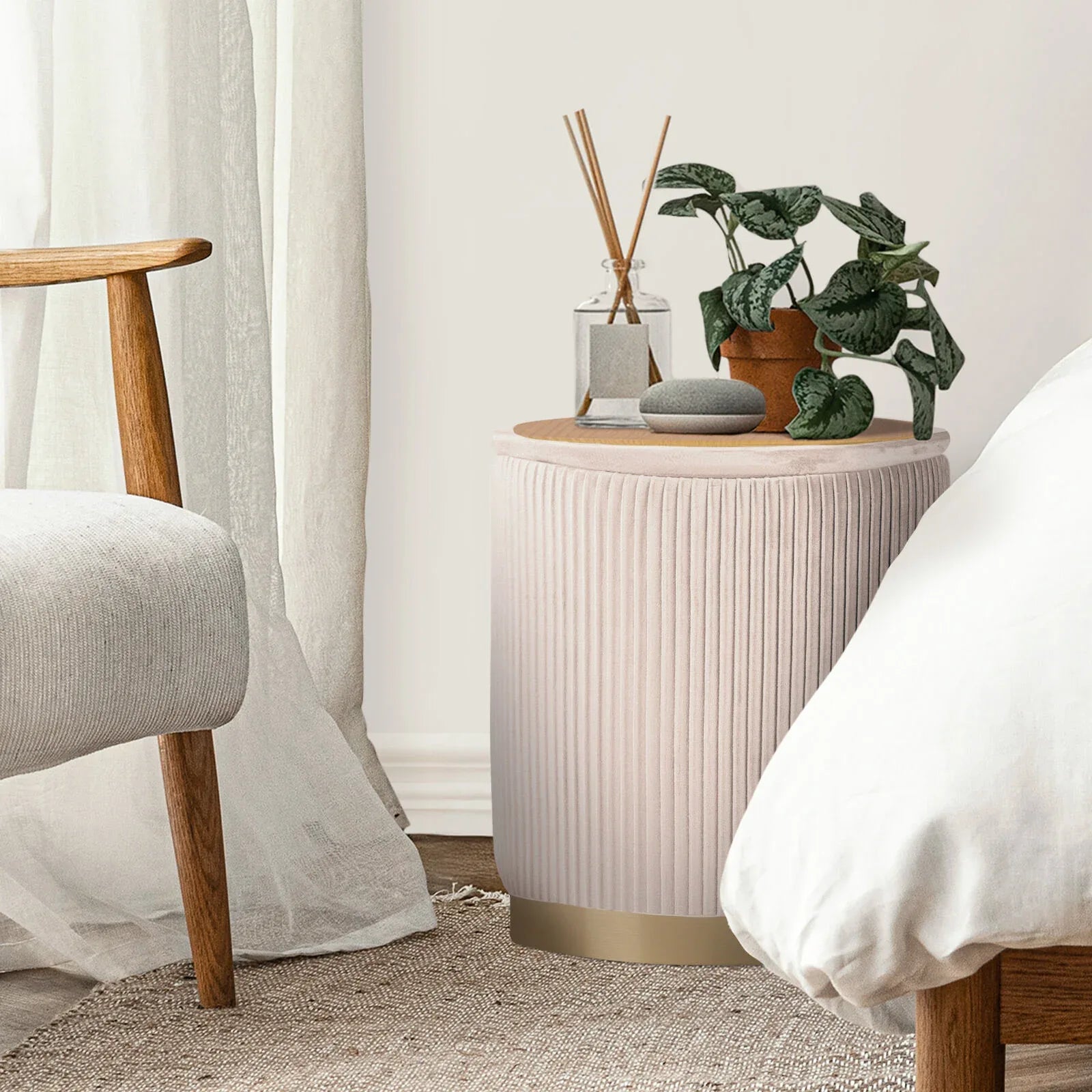 2X Side Table Storage Ottoman - Velvet Stool MIRA Cream - Mekamart Australia