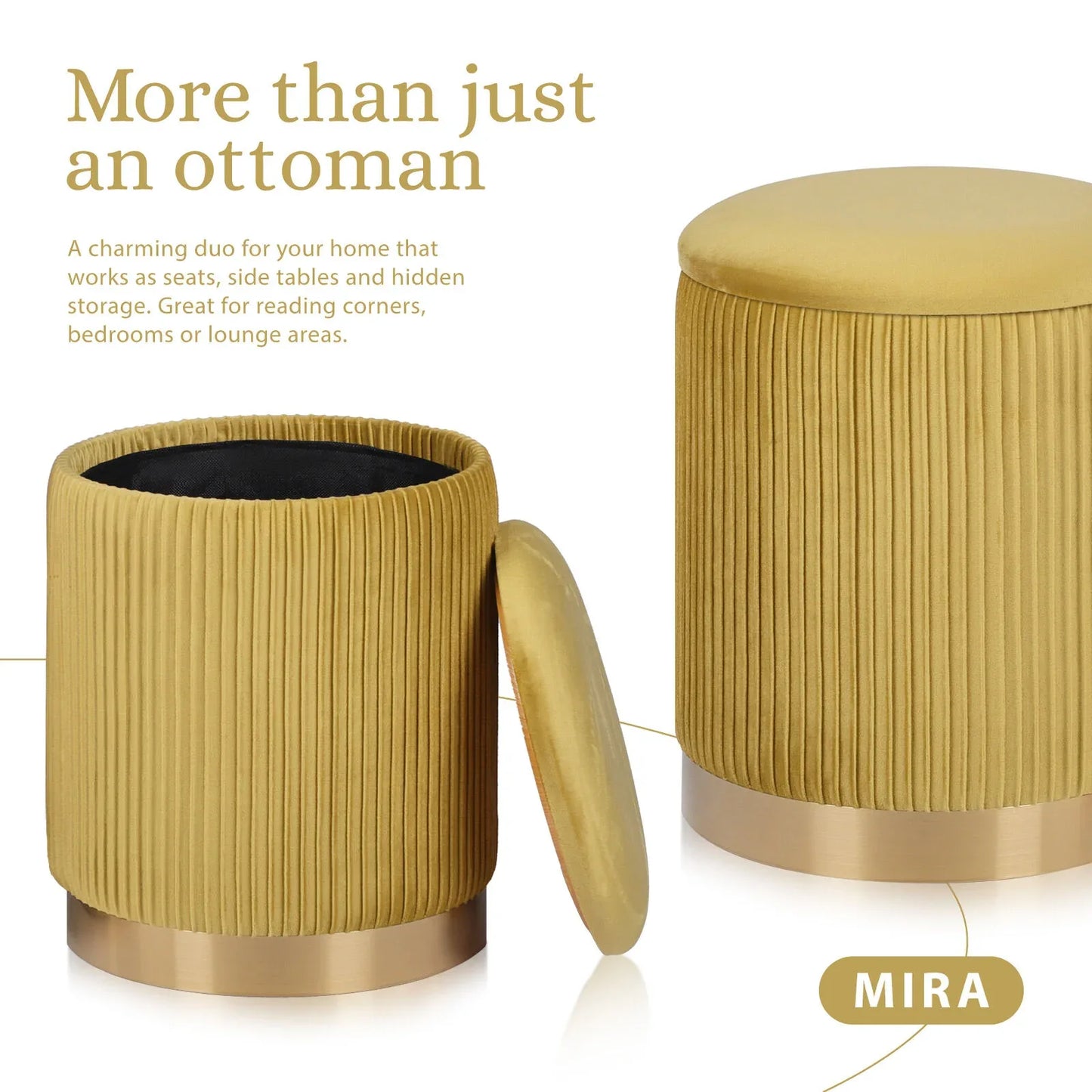 2X Side Table Storage Ottoman - Velvet Stool MIRA Mustard - Mekamart Australia