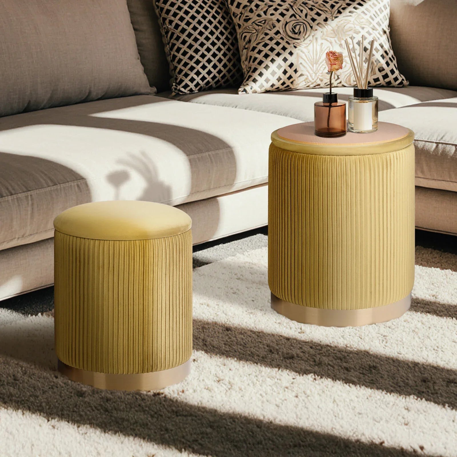 2X Side Table Storage Ottoman - Velvet Stool MIRA Mustard - Mekamart Australia