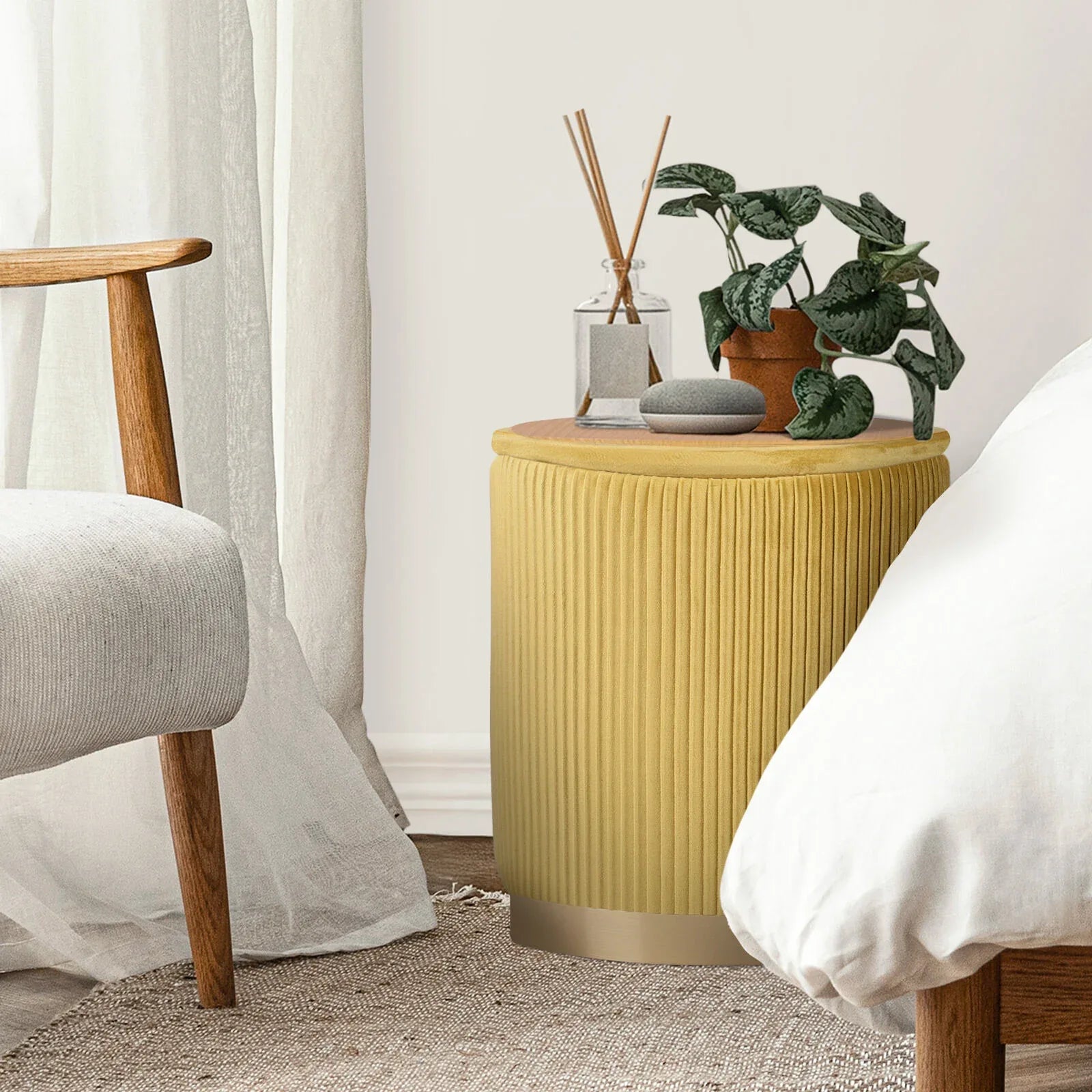 2X Side Table Storage Ottoman - Velvet Stool MIRA Mustard - Mekamart Australia