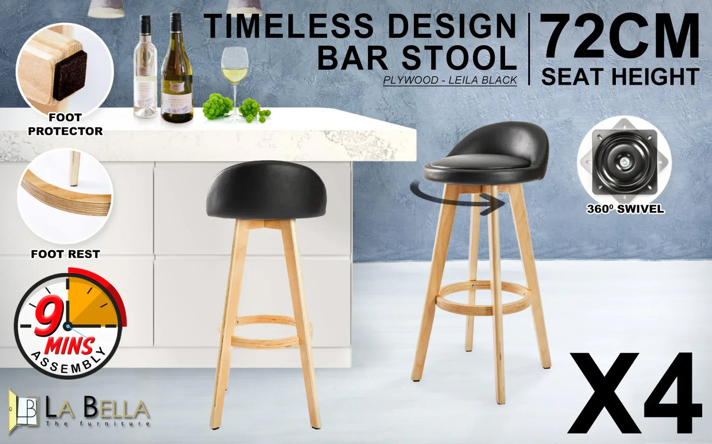 4X Wooden Bar Stool Dining Chair Leather LEILA 72cm BLACK - Mekamart Australia