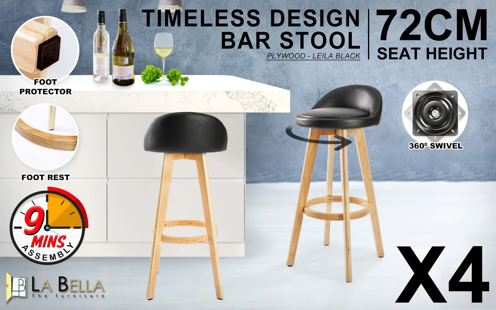 4X Wooden Bar Stool Dining Chair Leather LEILA 72cm BLACK - Mekamart Australia