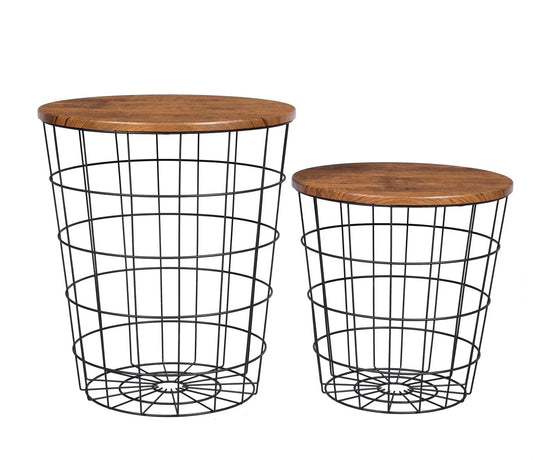 YES4HOMES Vintage Round Coffee Tables Set of 2 Side Tables Robust Steel Frame for Living Room Bedroom Rustic Brown and Black - Mekamart Australia