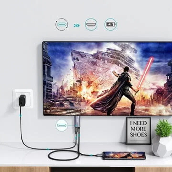 CHOETECH XCH-M180-GY-V2 Unidirectional Adapter USB-C (male) to HDMI 4K 60Hz (male) + PD100W Power Delivery 1.8M - Mekamart Australia