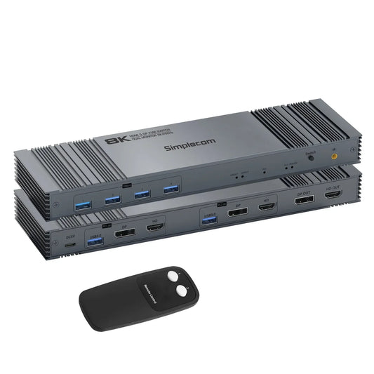 Simplecom KM490 HDMI and DisplayPort Dual Monitor KVM Switch for 2 Computers with 4-Port USB 3.0 Hub 5Gbps 8K@60Hz - Mekamart Australia