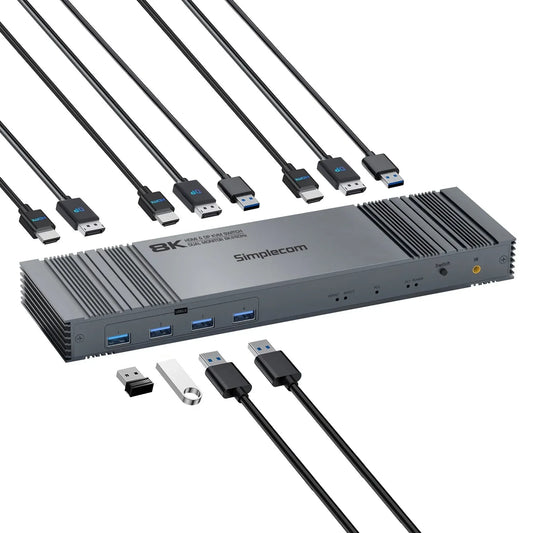 Simplecom KM490 HDMI and DisplayPort Dual Monitor KVM Switch for 2 Computers with 4-Port USB 3.0 Hub 5Gbps 8K@60Hz - Mekamart Australia