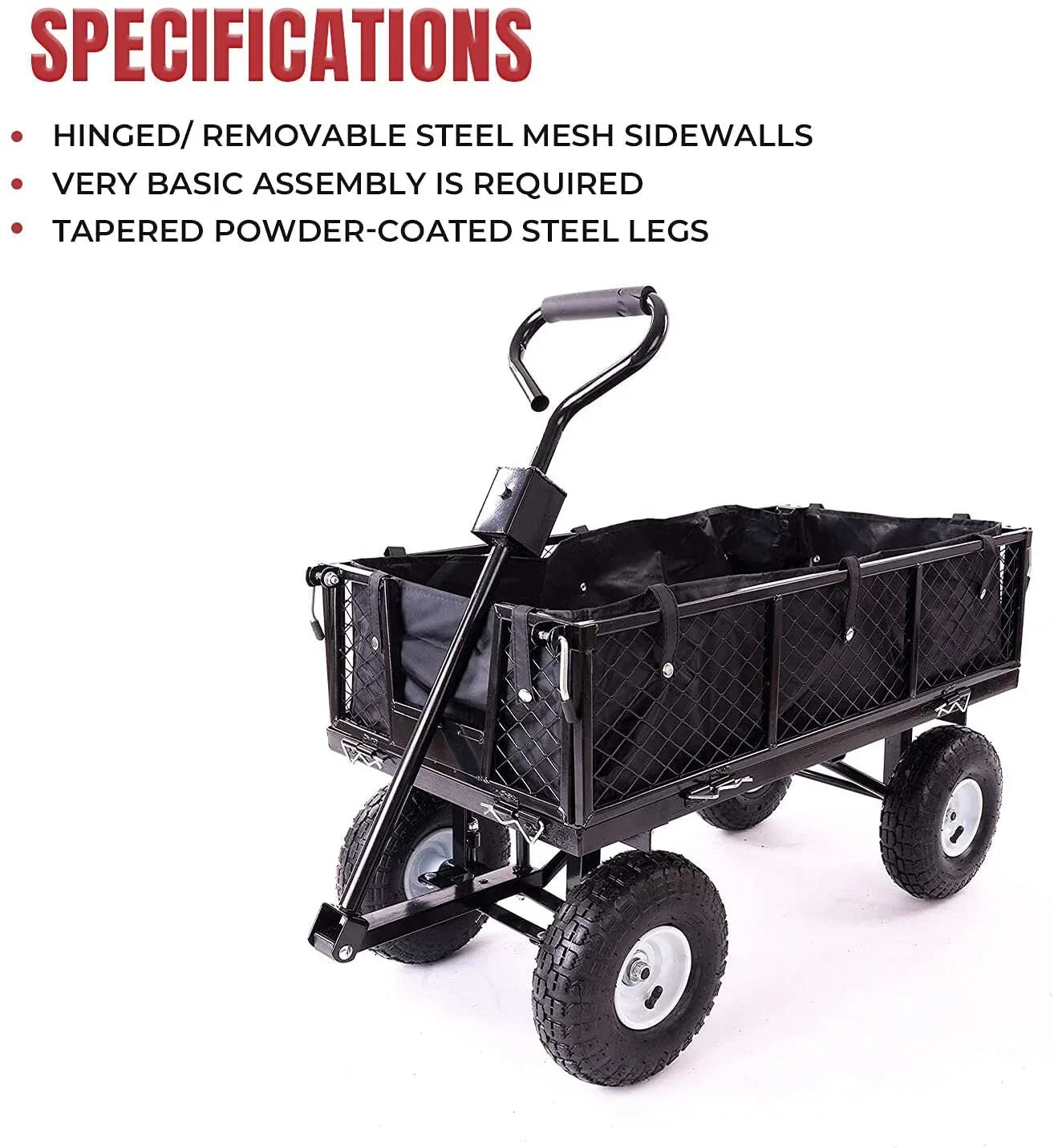 Garden Dump Rolling Mesh Cart with Heavy Duty Steel Frame,10 Inch Pneumatic Tires Maximum Load Capacity of 300 Kg (Black) - Mekamart Australia