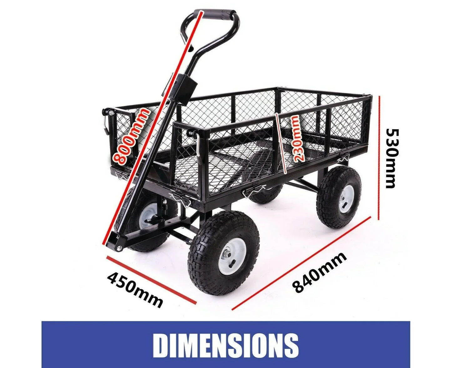 Garden Dump Rolling Mesh Cart with Heavy Duty Steel Frame,10 Inch Pneumatic Tires Maximum Load Capacity of 300 Kg (Black) - Mekamart Australia