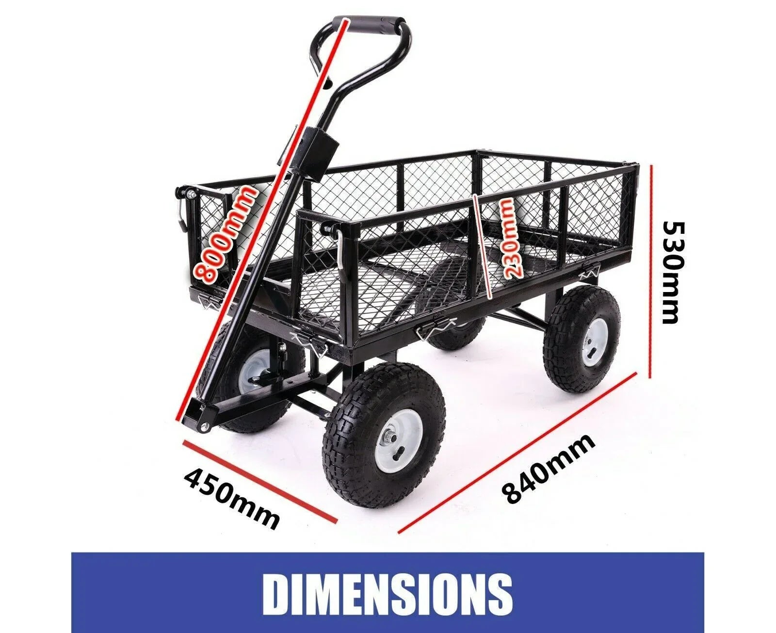Garden Dump Rolling Mesh Cart with Heavy Duty Steel Frame,10 Inch Pneumatic Tires Maximum Load Capacity of 300 Kg (Black) - Mekamart Australia