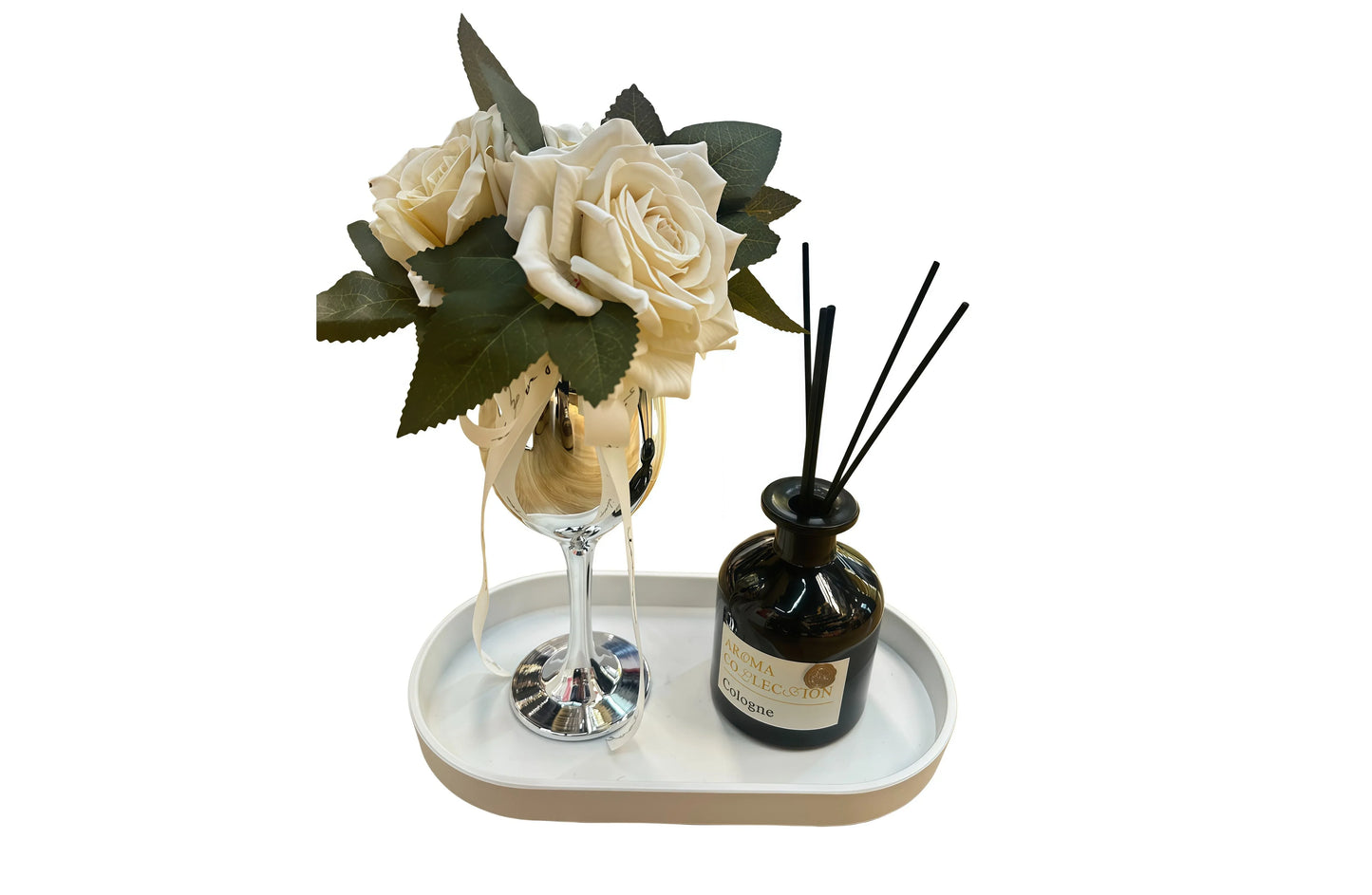 Flower Decor Tray & Fragrance Diffuser Sets -Silver - Mekamart Australia
