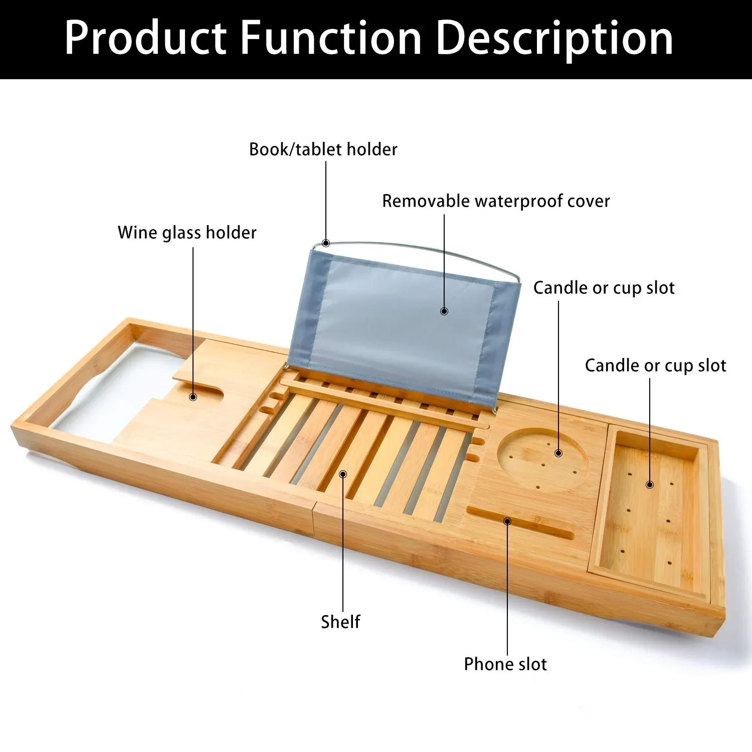 Bamboo Bathtub Bath tub Tray Table Caddy Tray Cellphone,Book,Tray Wineglass Holder - Mekamart Australia