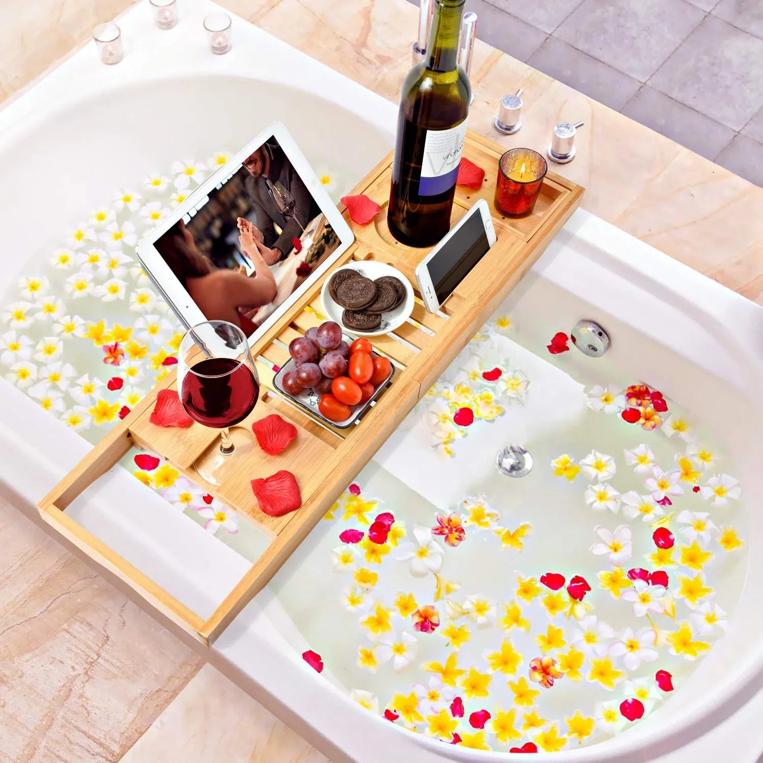 Bamboo Bathtub Bath tub Tray Table Caddy Tray Cellphone,Book,Tray Wineglass Holder - Mekamart Australia