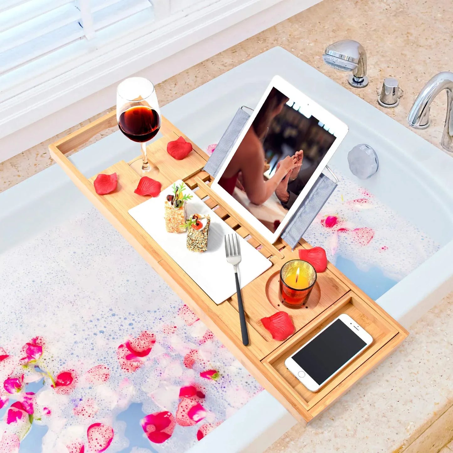Bamboo Bathtub Bath tub Tray Table Caddy Tray Cellphone,Book,Tray Wineglass Holder - Mekamart Australia