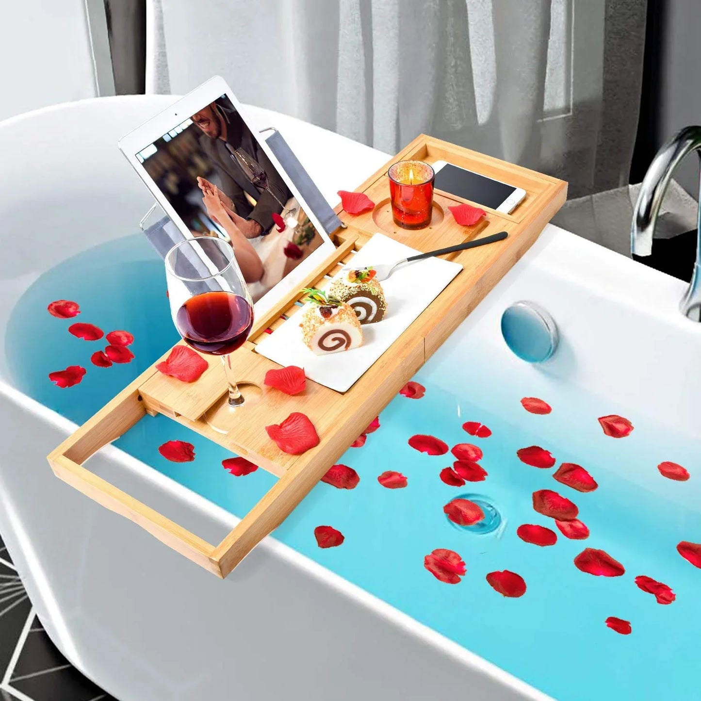 Bamboo Bathtub Bath tub Tray Table Caddy Tray Cellphone,Book,Tray Wineglass Holder - Mekamart Australia